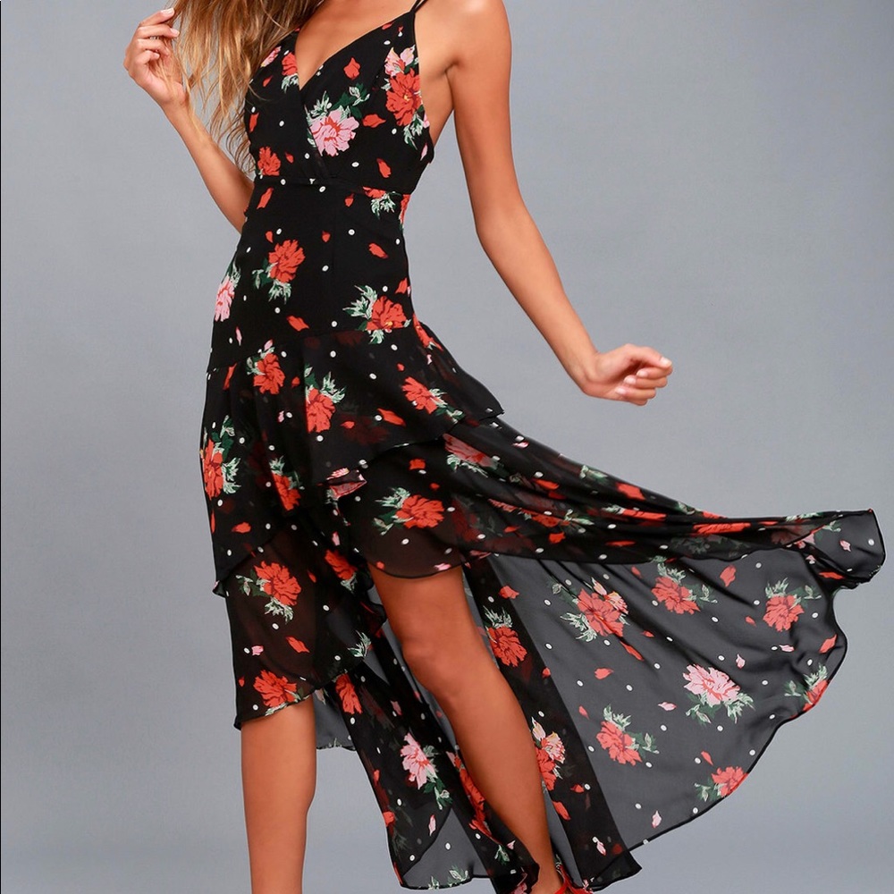 CALIFORNIA BLACK FLORAL PRINT HIGH-LOW DRESS LULUS